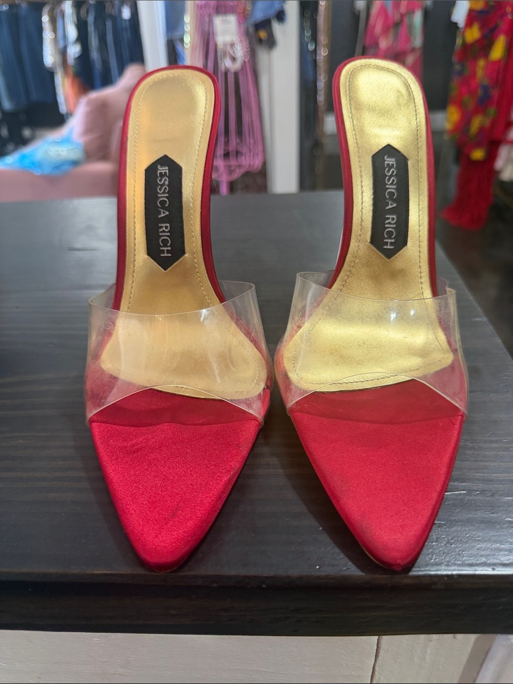Jessica Red Satin Pointed Mule with Clear Band and Gold Insole